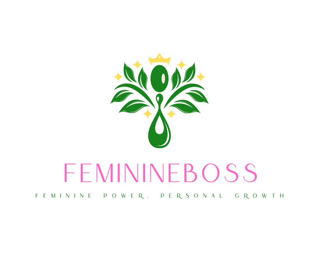 A symbol of a green lous plant withA gold crown on top with gold sparkles surrounding. The Word FEMININEBOSS in pink underneath.